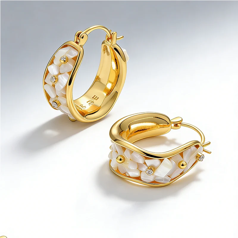 22K Gold Plated Shell Huggie Earrings with Cubic Zirconia Women's Luxury Hoop Earrings |Elegant Party Jewelry Daily Wear