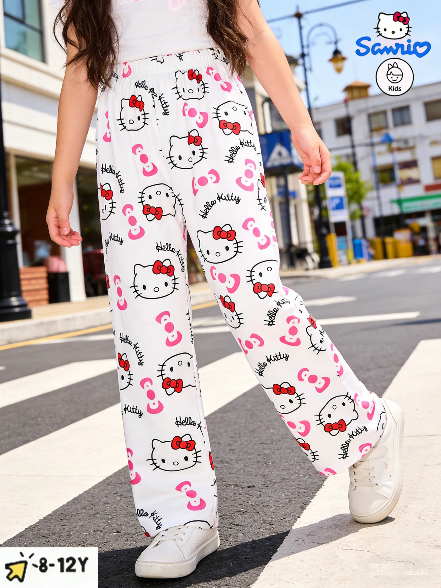 Sanrio Girls' Long Pants Spring and Autumn Hello Kitty Girls' Outdoor Fashion Casual Wide Leg Pants, Suitable for Home Wearing