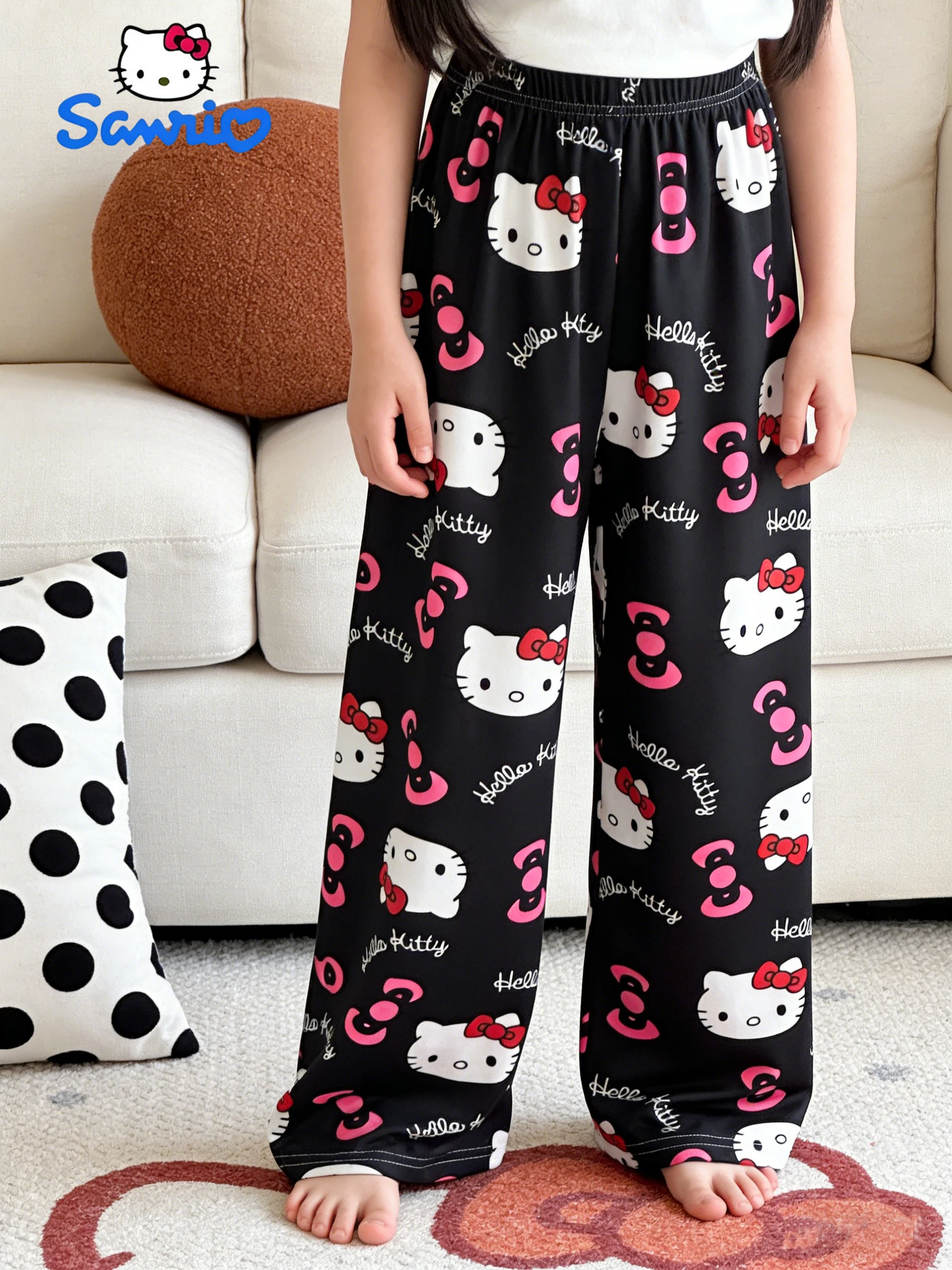 Sanrio Girls' Long Pants Spring and Autumn Hello Kitty Girls' Outdoor Fashion Casual Wide Leg Pants, Suitable for Home Wearing