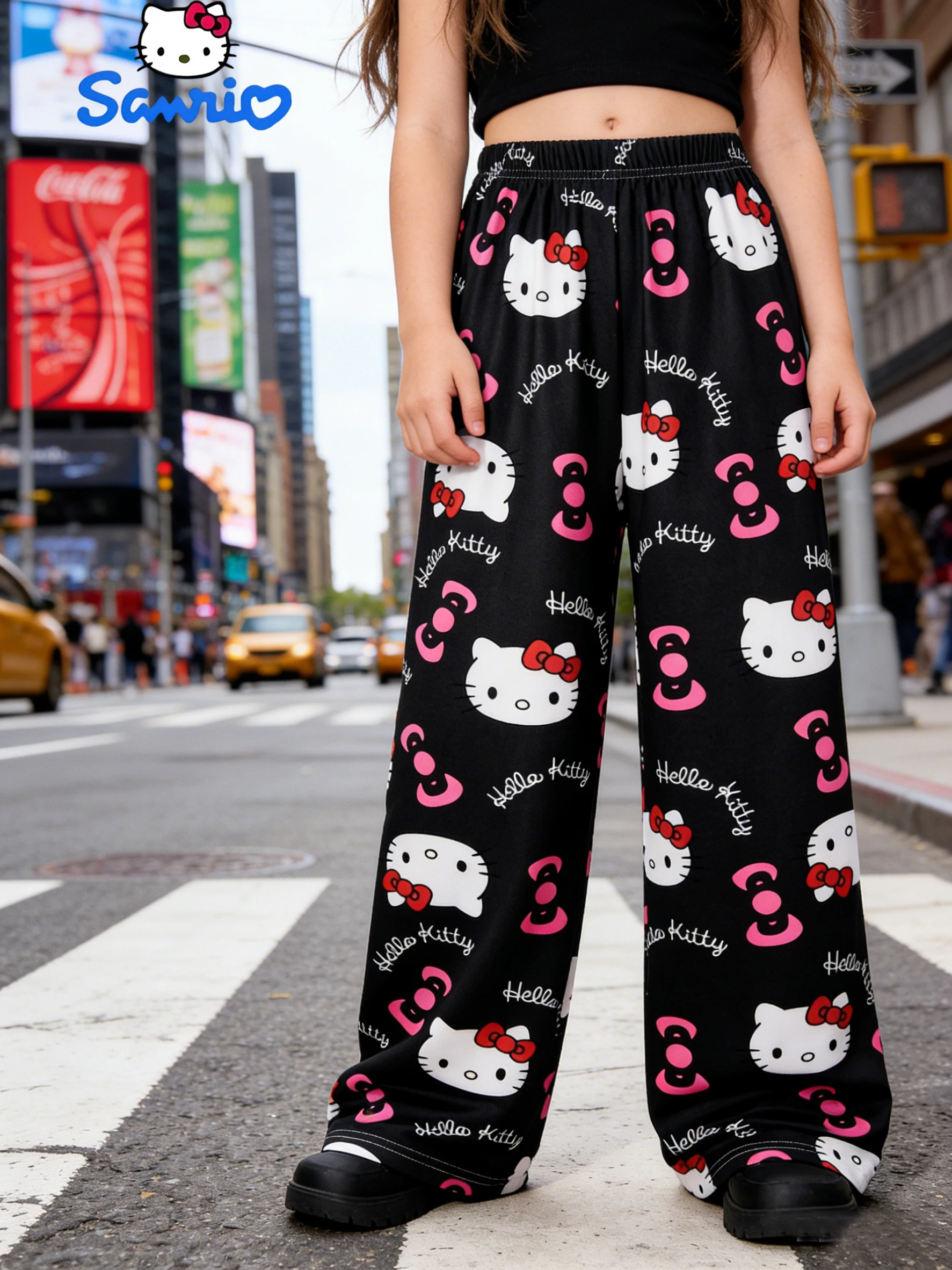 Sanrio Girls' Long Pants Spring and Autumn Hello Kitty Girls' Outdoor Fashion Casual Wide Leg Pants, Suitable for Home Wearing