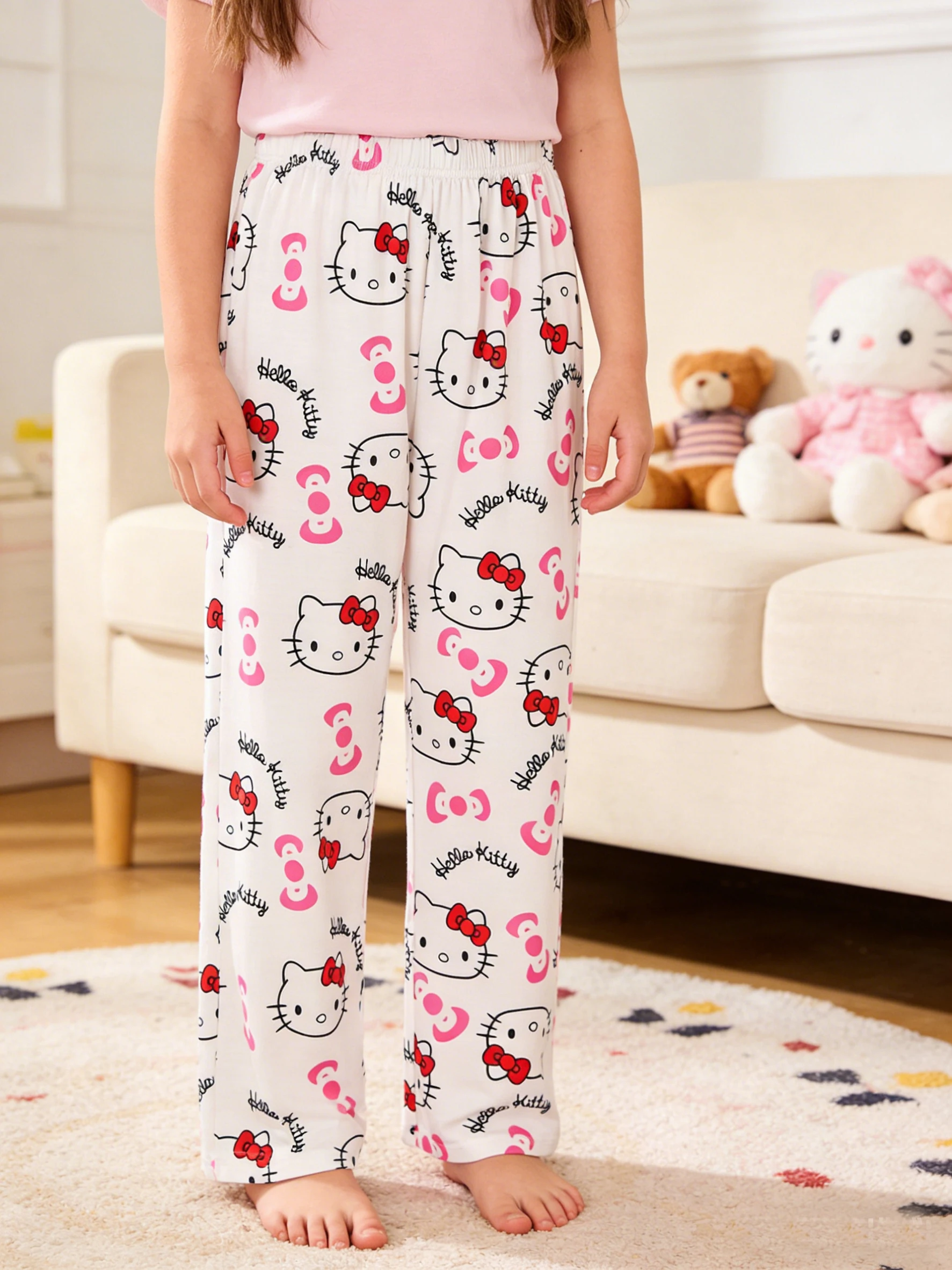 Sanrio Girls' Long Pants Spring and Autumn Hello Kitty Girls' Outdoor Fashion Casual Wide Leg Pants, Suitable for Home Wearing