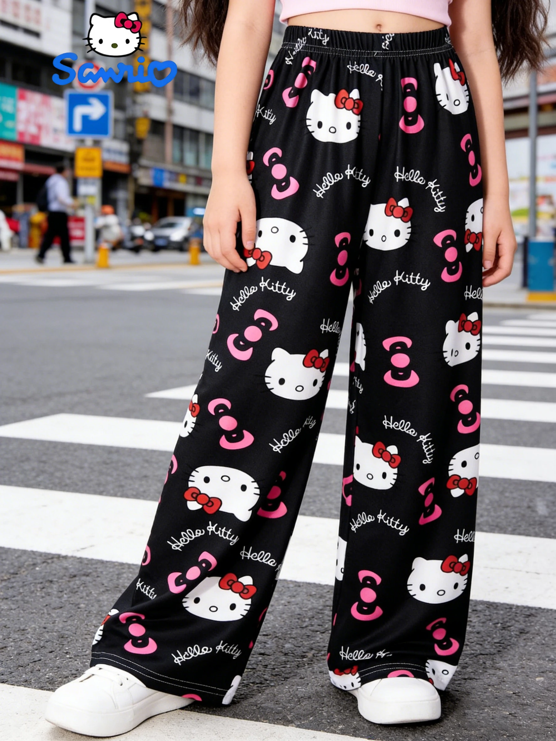 Sanrio Girls' Long Pants Spring and Autumn Hello Kitty Girls' Outdoor Fashion Casual Wide Leg Pants, Suitable for Home Wearing