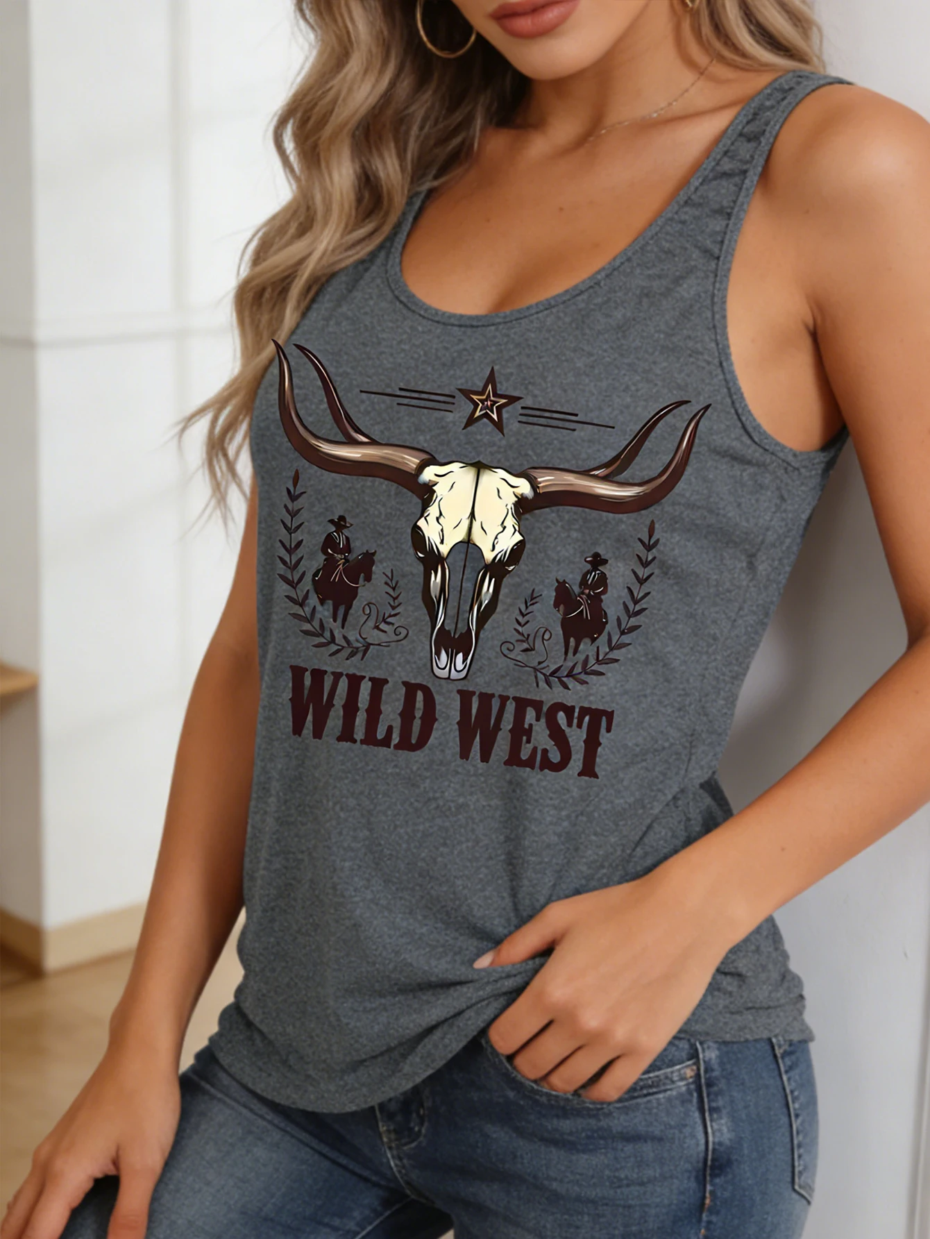 Western-style Letter-printed Fitness Tank Top, Casual Sleeveless Tank Top, Women's Clothing