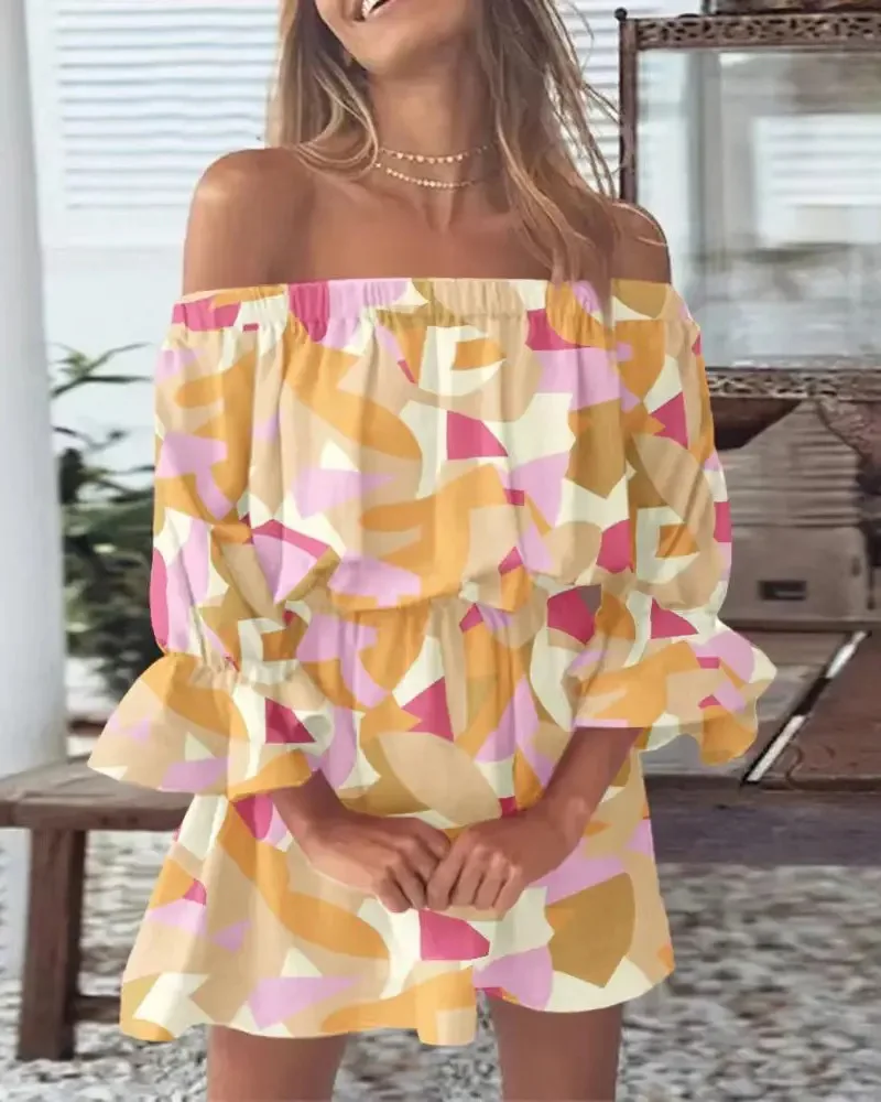 Women's Off-Shoulder Floral & Leaf Print Mini Dress with Ruffled Hem and Bell Sleeves - Chic Summer Casual Boho Beach