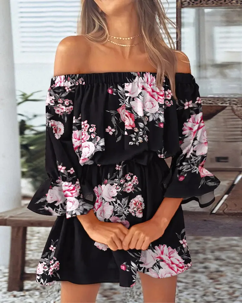 Women's Off-Shoulder Floral & Leaf Print Mini Dress with Ruffled Hem and Bell Sleeves - Chic Summer Casual Boho Beach