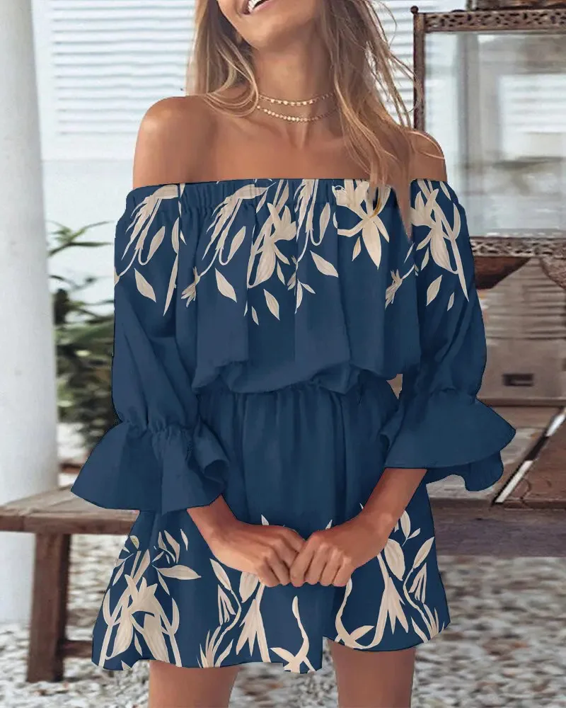 Women's Off-Shoulder Floral & Leaf Print Mini Dress with Ruffled Hem and Bell Sleeves - Chic Summer Casual Boho Beach