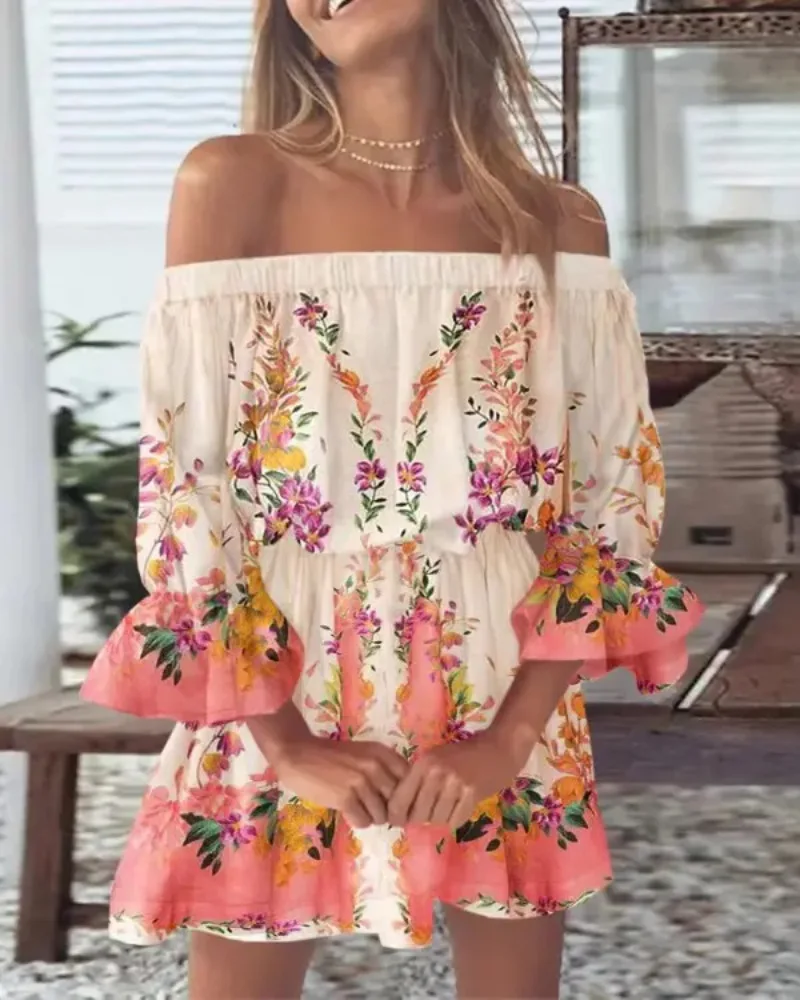 Women's Off-Shoulder Floral & Leaf Print Mini Dress with Ruffled Hem and Bell Sleeves - Chic Summer Casual Boho Beach