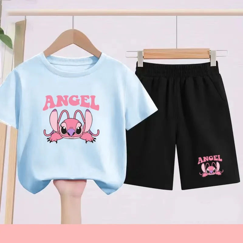 Children's Set - Girls' Purple and Pink, Boys' Blue Printed Cartoon and Anime Pattern Sports T-shirts, Suitable for Daily Wear