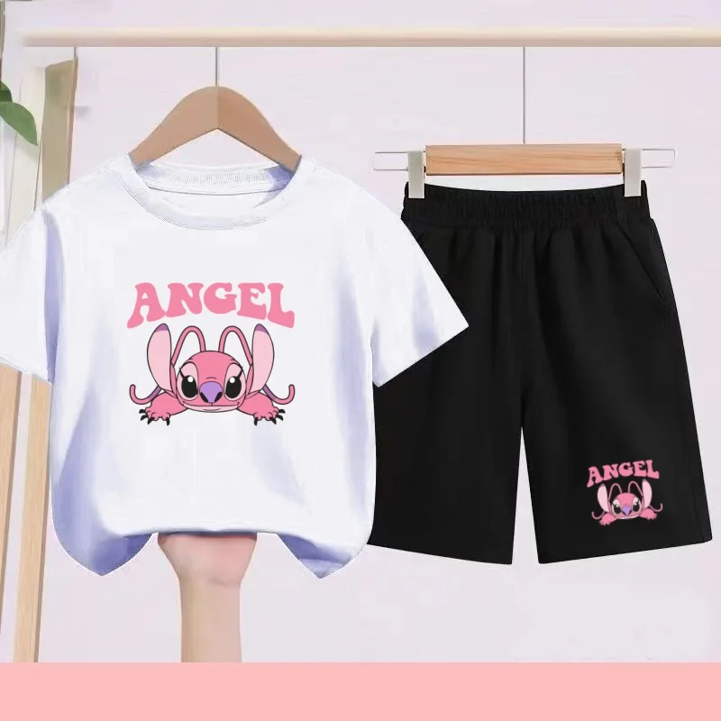 Children's Set - Girls' Purple and Pink, Boys' Blue Printed Cartoon and Anime Pattern Sports T-shirts, Suitable for Daily Wear