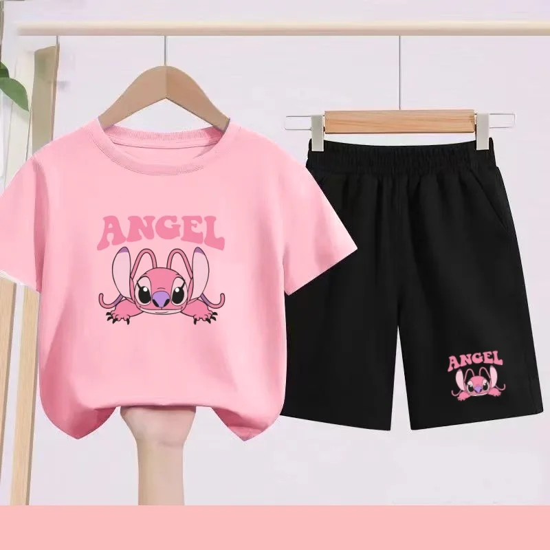 Children's Set - Girls' Purple and Pink, Boys' Blue Printed Cartoon and Anime Pattern Sports T-shirts, Suitable for Daily Wear