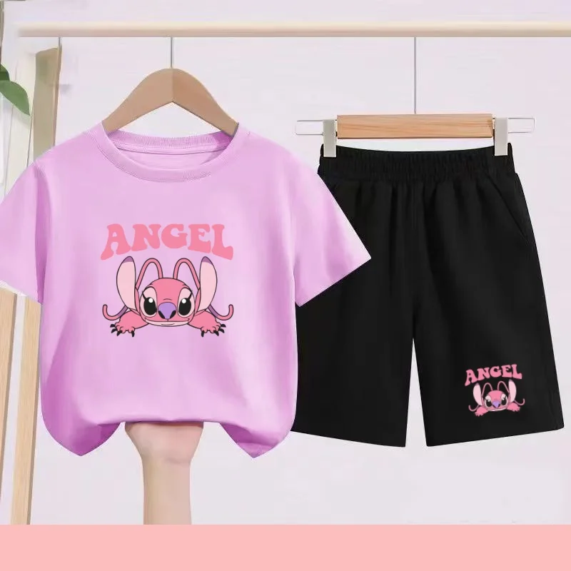 Children's Set - Girls' Purple and Pink, Boys' Blue Printed Cartoon and Anime Pattern Sports T-shirts, Suitable for Daily Wear