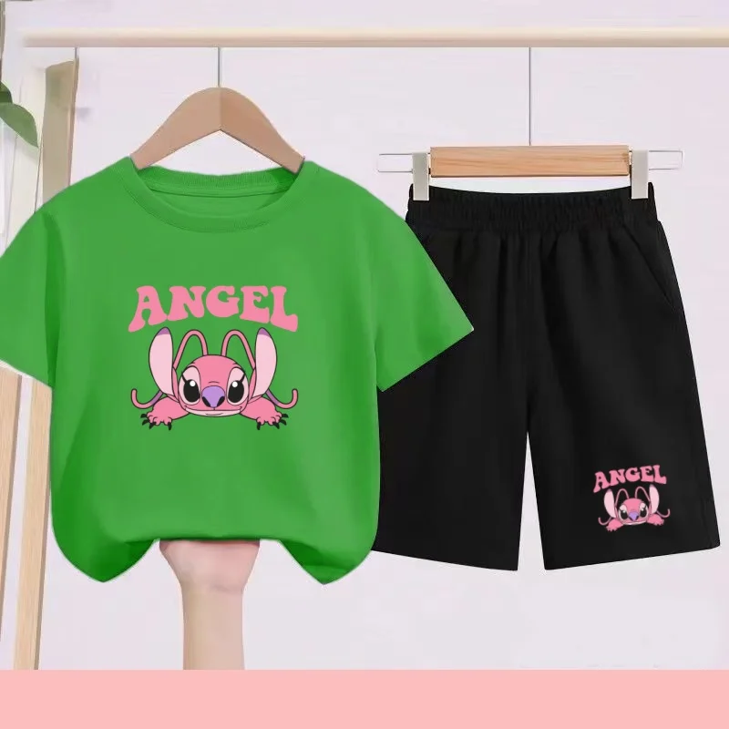 Children's Set - Girls' Purple and Pink, Boys' Blue Printed Cartoon and Anime Pattern Sports T-shirts, Suitable for Daily Wear