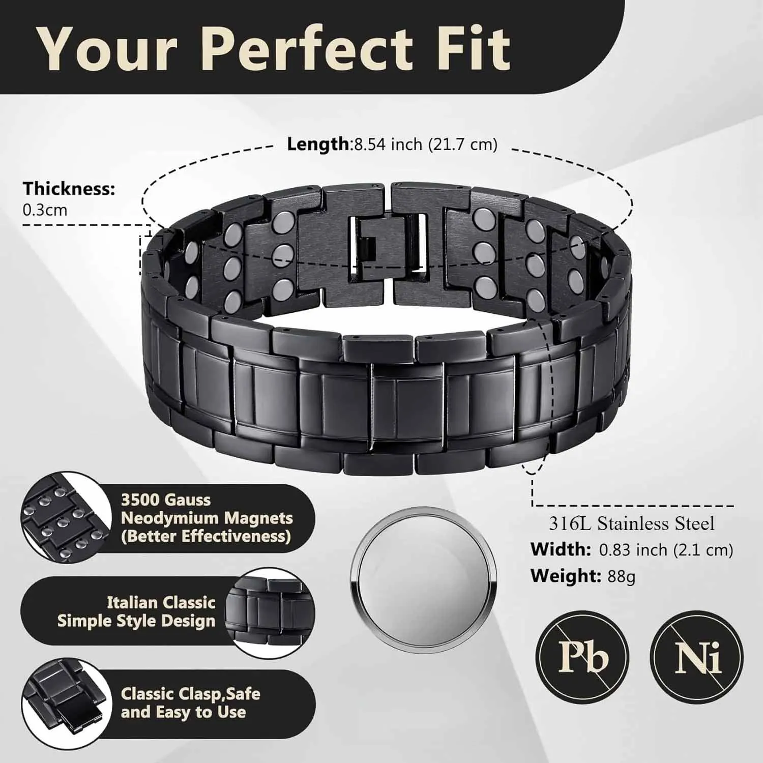 Men's copper magnetic bracelet set with three rows of magnetic chains and disassembly tools. Durable gift with size adjustment t