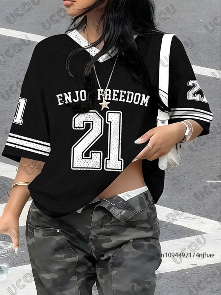 2026 Summer New Retro Enjoy Freedom No.21 Print T-Shirt For Women V-Neck Short Sleeve Sports Football Jersey Y2K Oversized Tops
