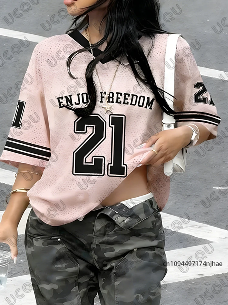 2026 Summer New Retro Enjoy Freedom No.21 Print T-Shirt For Women V-Neck Short Sleeve Sports Football Jersey Y2K Oversized Tops