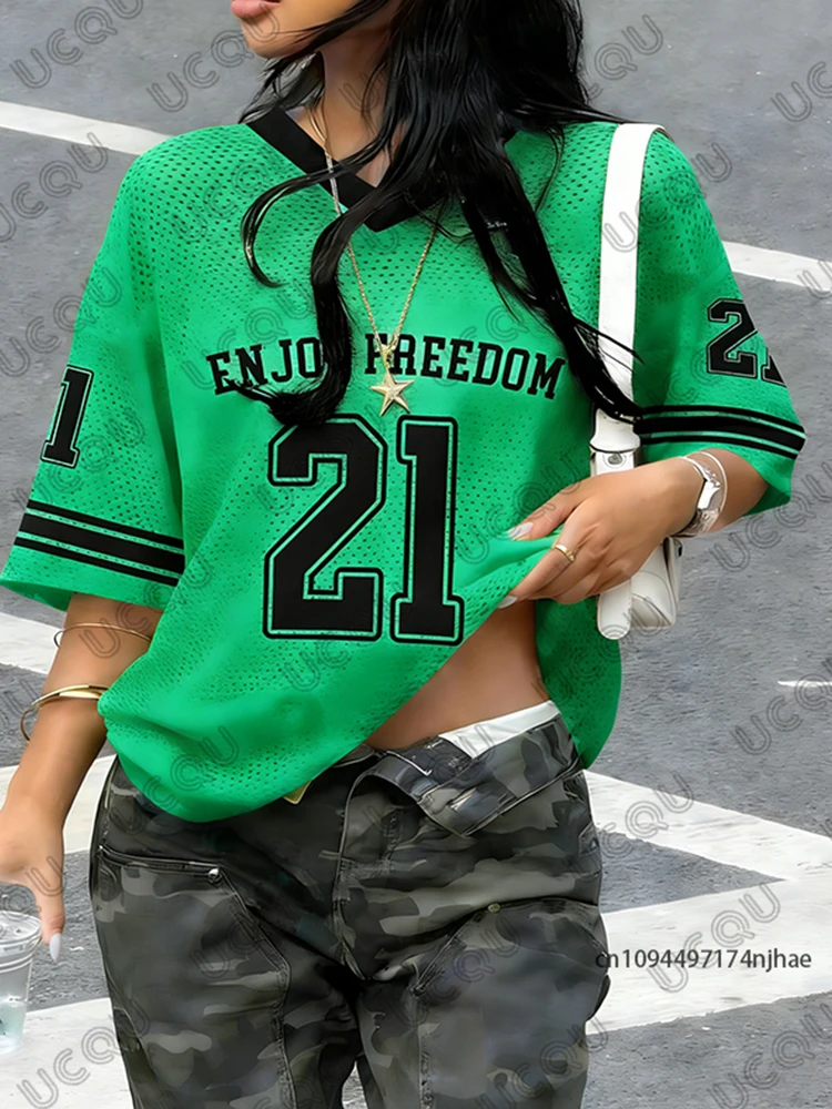 2026 Summer New Retro Enjoy Freedom No.21 Print T-Shirt For Women V-Neck Short Sleeve Sports Football Jersey Y2K Oversized Tops