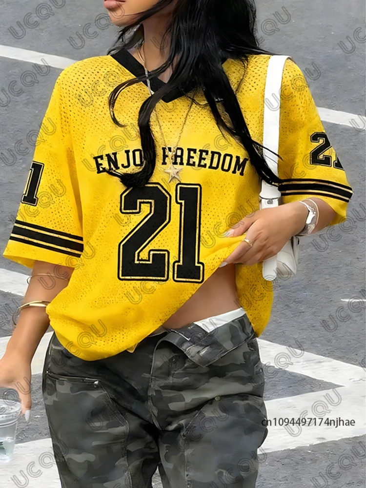 2026 Summer New Retro Enjoy Freedom No.21 Print T-Shirt For Women V-Neck Short Sleeve Sports Football Jersey Y2K Oversized Tops