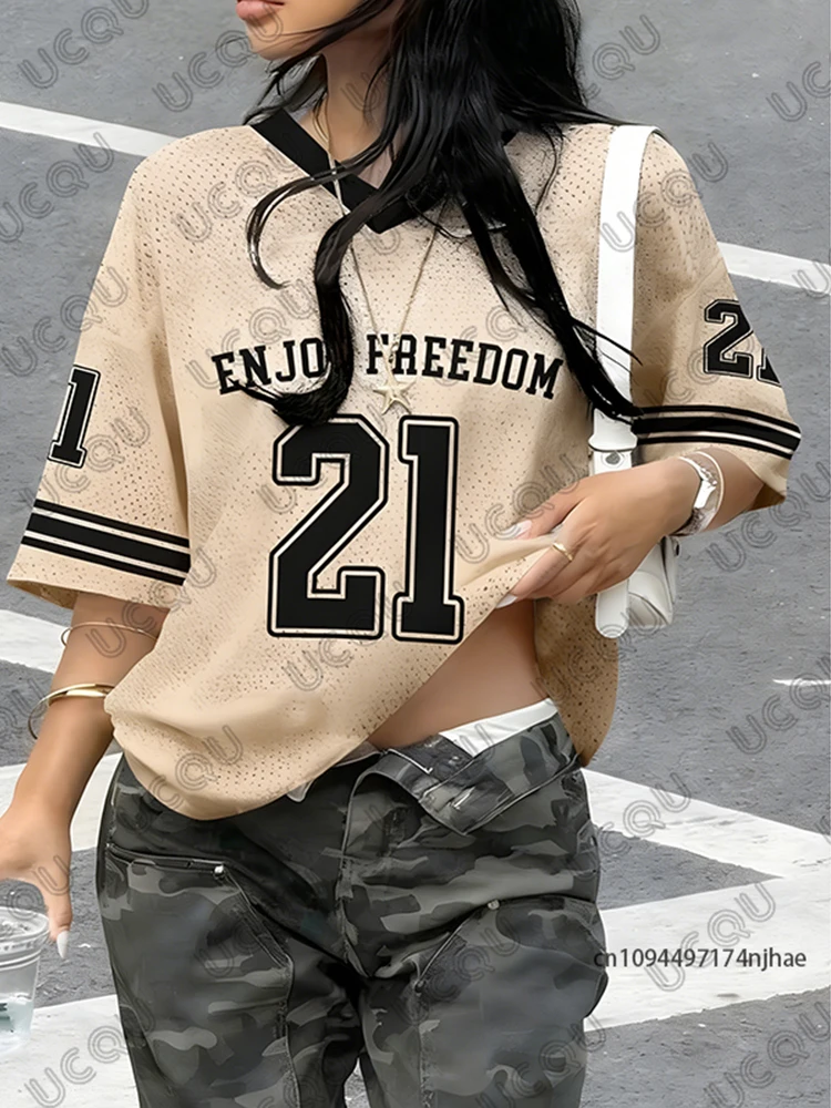 2026 Summer New Retro Enjoy Freedom No.21 Print T-Shirt For Women V-Neck Short Sleeve Sports Football Jersey Y2K Oversized Tops