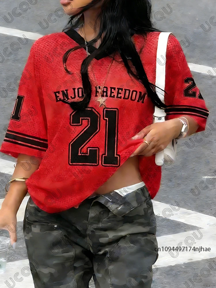 2026 Summer New Retro Enjoy Freedom No.21 Print T-Shirt For Women V-Neck Short Sleeve Sports Football Jersey Y2K Oversized Tops