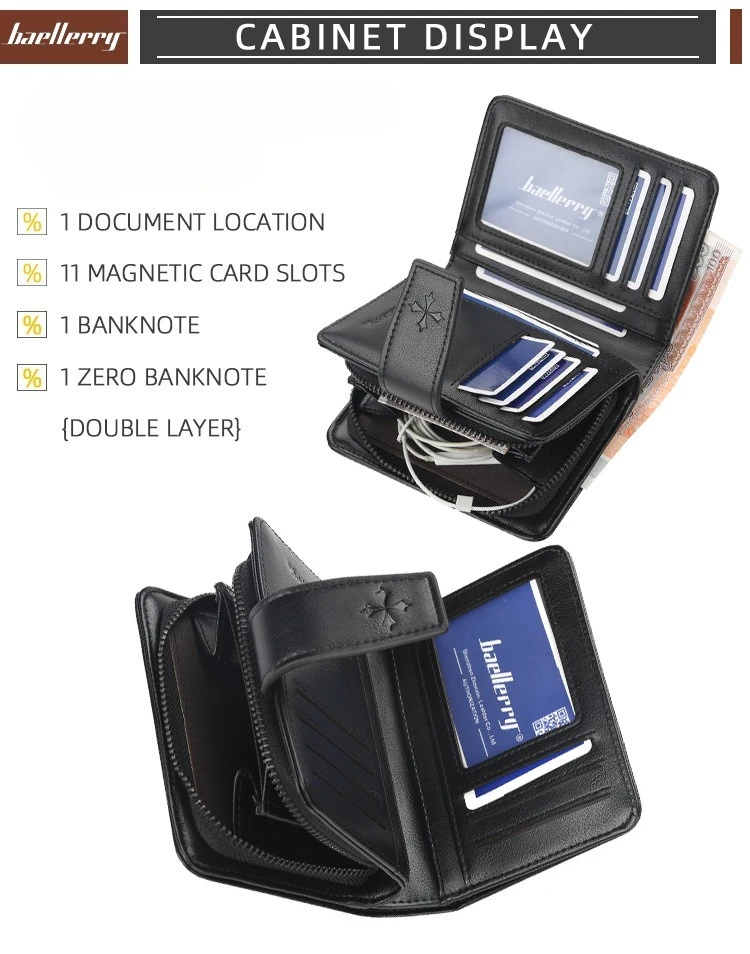 Baellerry Luxury Men's Wallet Vintage PU Leather Zipper Card Holder Male Purse Business Coin Holder