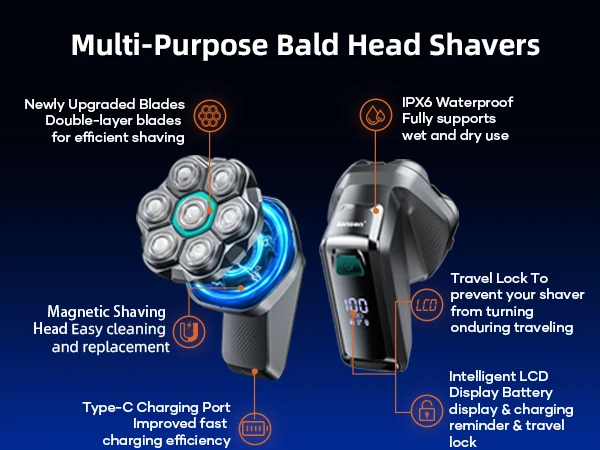 Kensen S32 Electric Head Shaver for Men 7D Floating Cutter USB-C Rechargeable 8100/8500 RPM IPX6 Waterproof Magnetic Head Razor