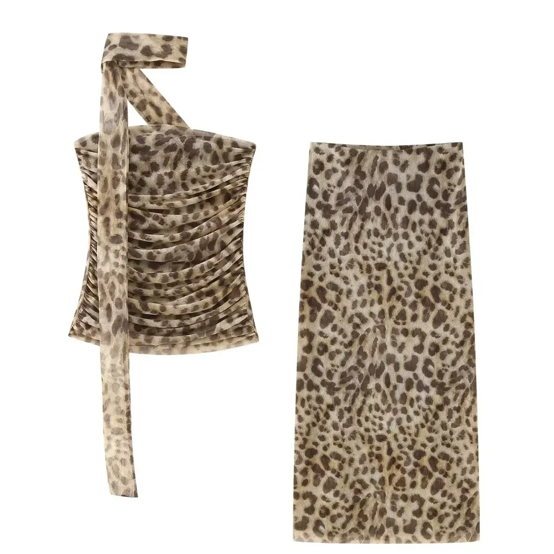 Women Leopard Print 2 Piece Outfit Strapless Ruched Crop Top Maxi Skirt Set With Choker Scarf Party Clubwear For Summer