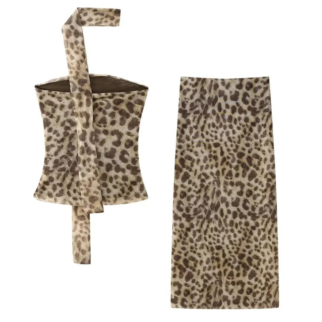 Women Leopard Print 2 Piece Outfit Strapless Ruched Crop Top Maxi Skirt Set With Choker Scarf Party Clubwear For Summer