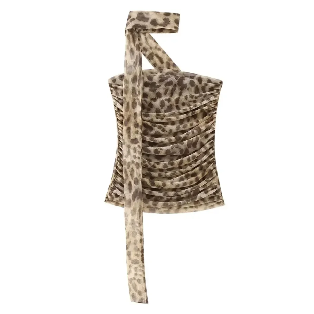 Women Leopard Print 2 Piece Outfit Strapless Ruched Crop Top Maxi Skirt Set With Choker Scarf Party Clubwear For Summer