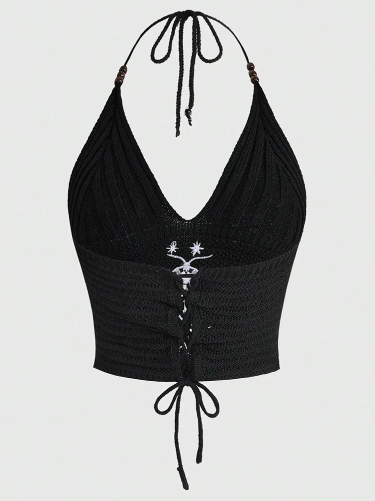 Women's Boho Halter Top Spring Summer Hippie Knit Beaded Celestial Design with Sun Moon Star Moth
