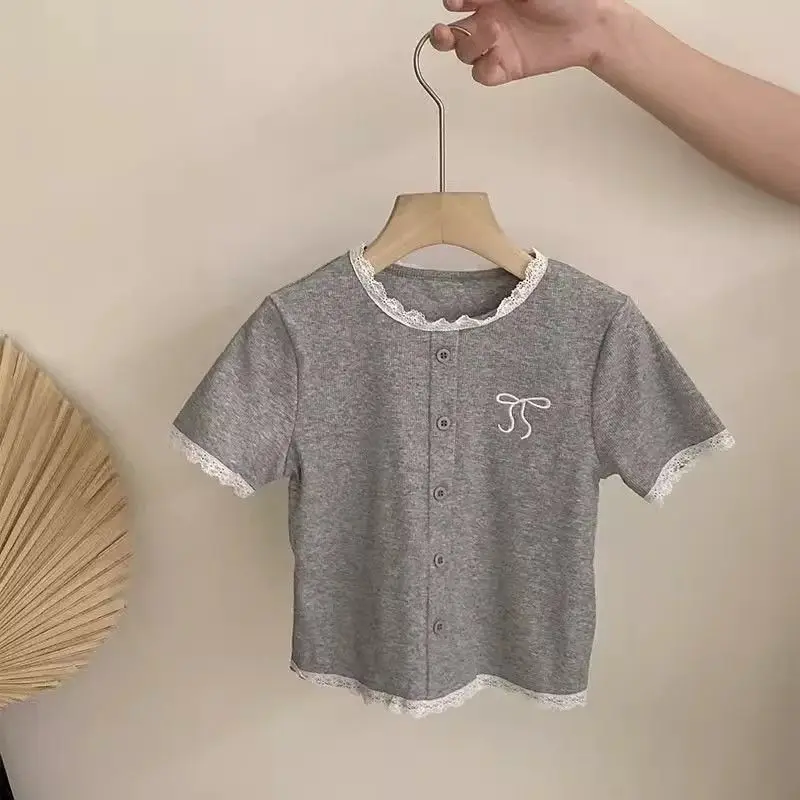 Two Piece Set Girls' Short Sleeved Skirt Summer New Fashion Lace T-shirt Cake Skirt Kids Beautiful Suit