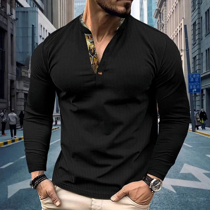 Men's Plus Size Waffle Knit Henley Shirt Long Sleeve Button Down Casual Breathable Polyester Tops for Spring Autumn Streetwear
