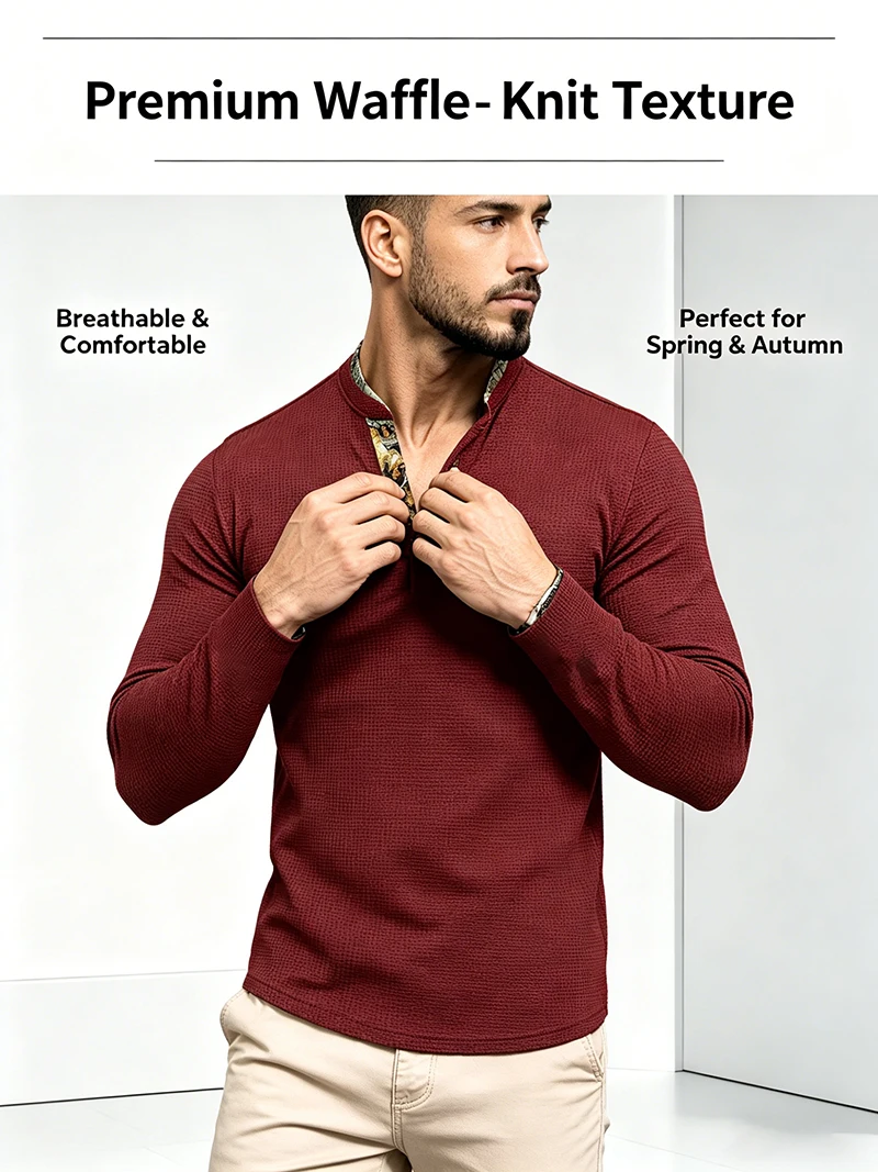 Men's Plus Size Waffle Knit Henley Shirt Long Sleeve Button Down Casual Breathable Polyester Tops for Spring Autumn Streetwear