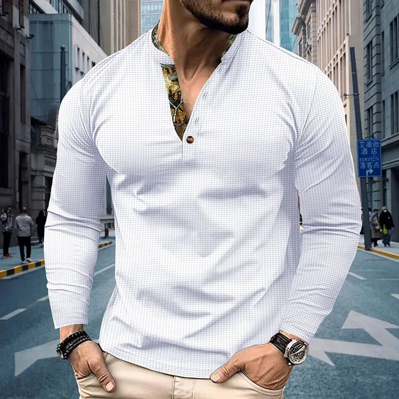 Men's Plus Size Waffle Knit Henley Shirt Long Sleeve Button Down Casual Breathable Polyester Tops for Spring Autumn Streetwear