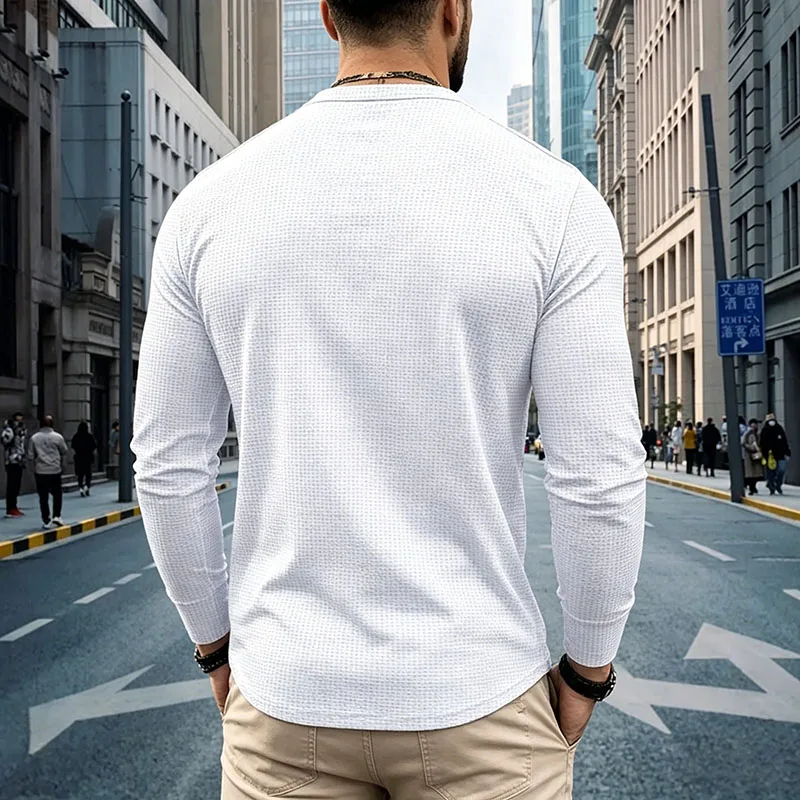 Men's Plus Size Waffle Knit Henley Shirt Long Sleeve Button Down Casual Breathable Polyester Tops for Spring Autumn Streetwear