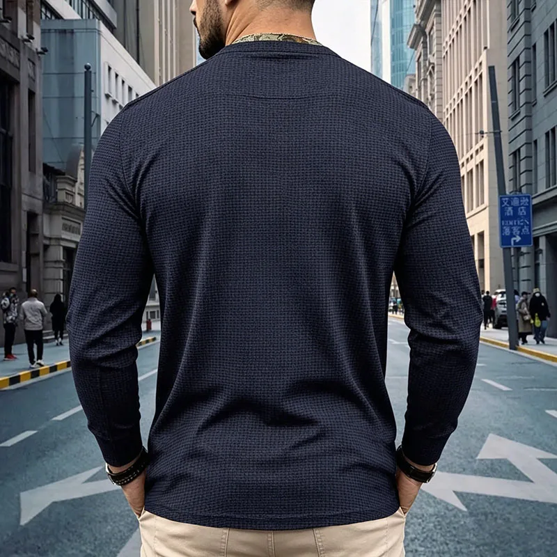 Men's Plus Size Waffle Knit Henley Shirt Long Sleeve Button Down Casual Breathable Polyester Tops for Spring Autumn Streetwear