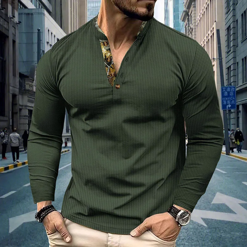 Men's Plus Size Waffle Knit Henley Shirt Long Sleeve Button Down Casual Breathable Polyester Tops for Spring Autumn Streetwear