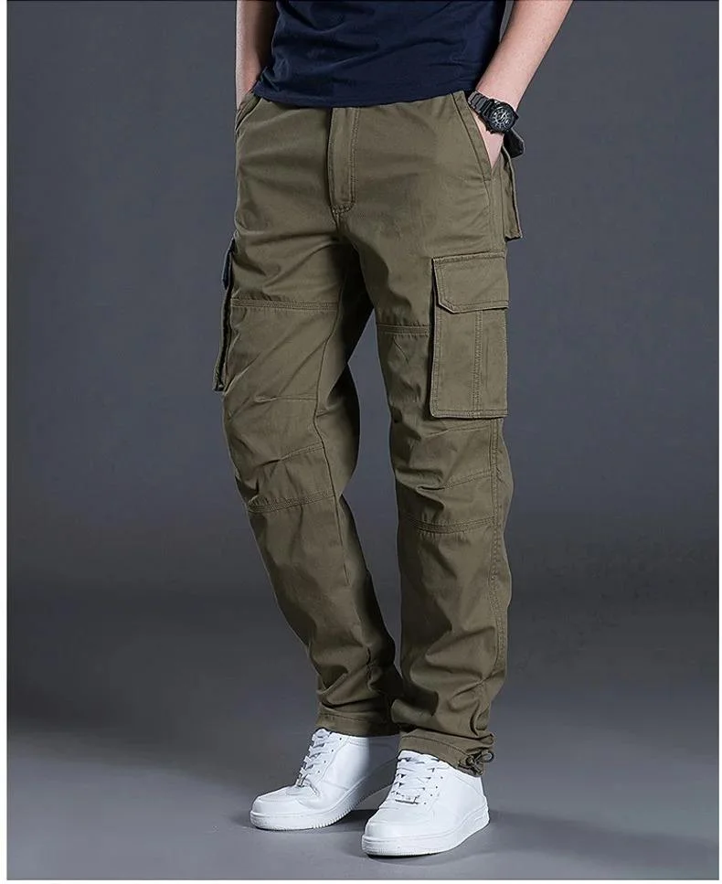 Men's Cotton Work Cargo Pants Tactical Military Hiking Outdoor Pants with 6 Pockets Elastic Waist