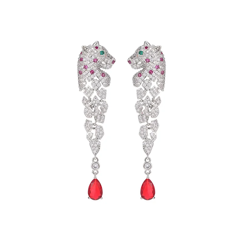 New Water Drop Earrings Micro-inlaid Zircon Leopard Head Earrings Long Tassel Three-dimensional Spotted Leopard Earrings