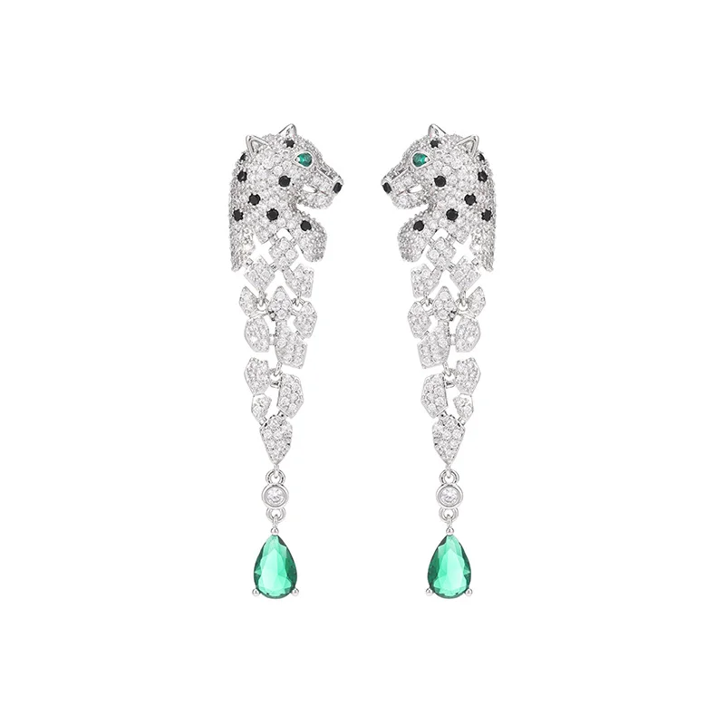 New Water Drop Earrings Micro-inlaid Zircon Leopard Head Earrings Long Tassel Three-dimensional Spotted Leopard Earrings