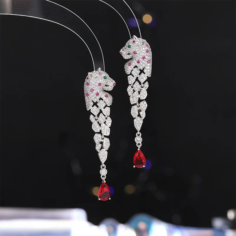 New Water Drop Earrings Micro-inlaid Zircon Leopard Head Earrings Long Tassel Three-dimensional Spotted Leopard Earrings