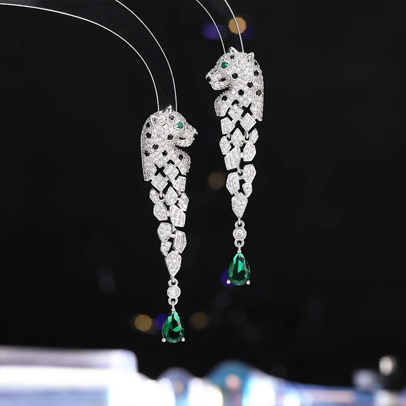 New Water Drop Earrings Micro-inlaid Zircon Leopard Head Earrings Long Tassel Three-dimensional Spotted Leopard Earrings