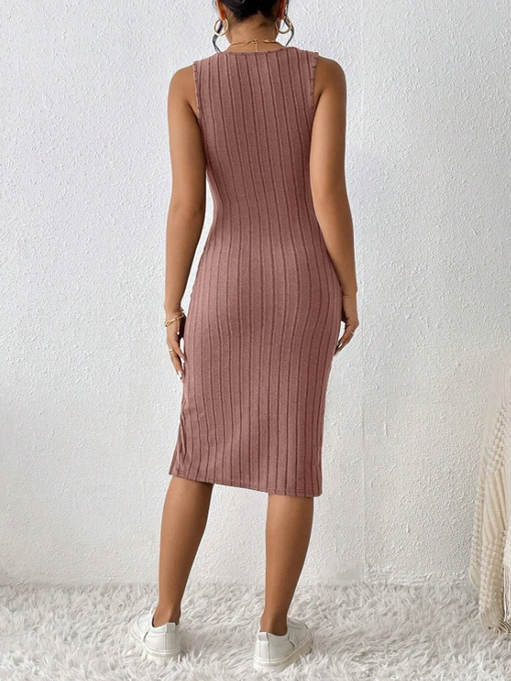 Spring/Summer Solid-Colour Striped Slit Flared Skirt Dress, Fitted Tank Dress for Women