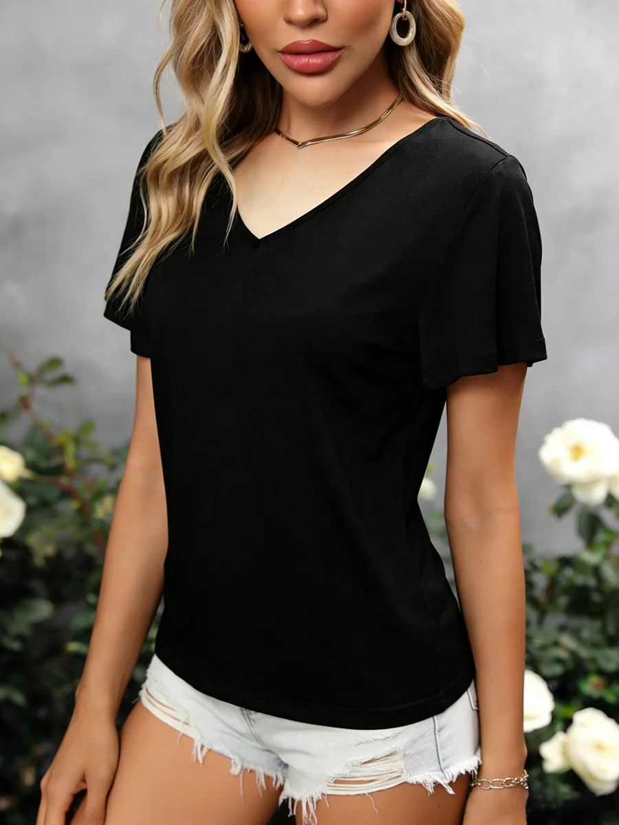 Women's Tee V Neck Short Sleeve Crisscross Back Twist Solid Relaxed Tops Sexy Tee Spring Summer Chic Tee Daily Lightweight Tops