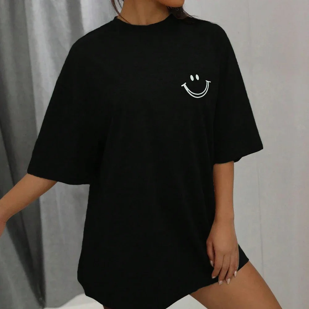 Women T-shirt Smiley Face Graphic Tees Summer Loose Black Short Sleeve O-Neck Casual Tops Streetwear Y2K Aesthetic