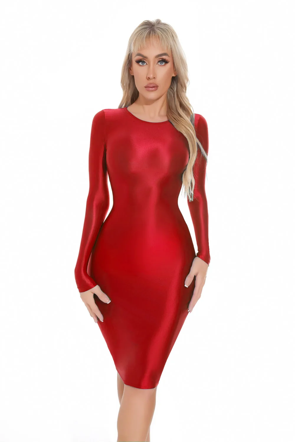 M XL Long Sleeve Golssy Shiny Midi Dress Tights Package Hip Minifalda Sexy Clubwear Vestido Bodycon Dresses Bodystocking Robe