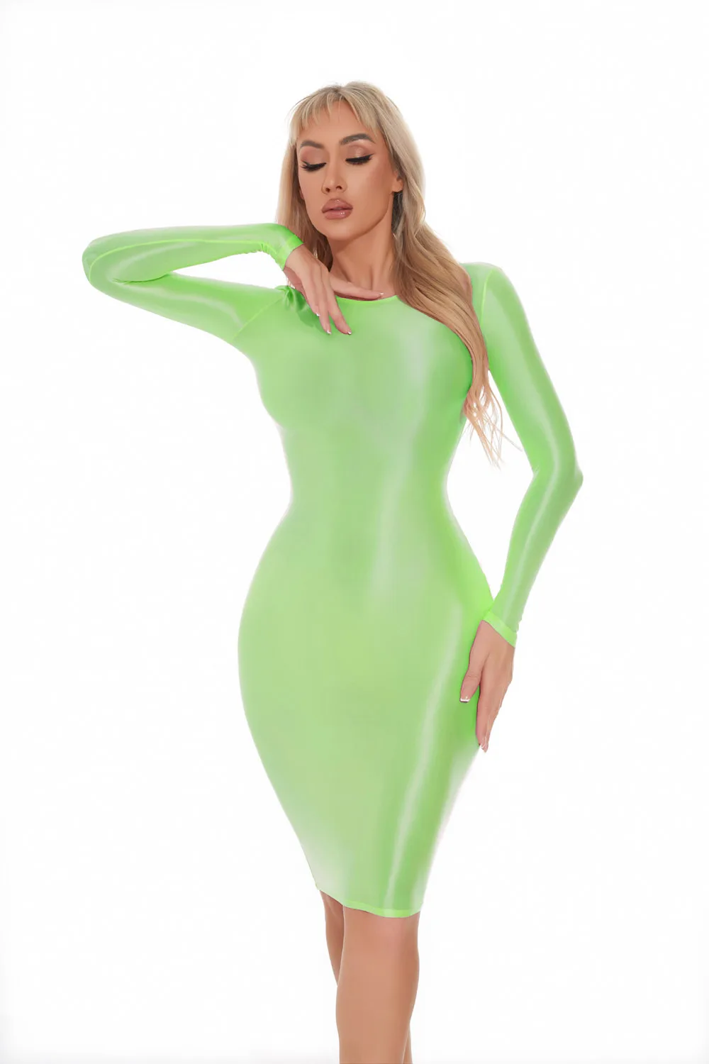 M XL Long Sleeve Golssy Shiny Midi Dress Tights Package Hip Minifalda Sexy Clubwear Vestido Bodycon Dresses Bodystocking Robe