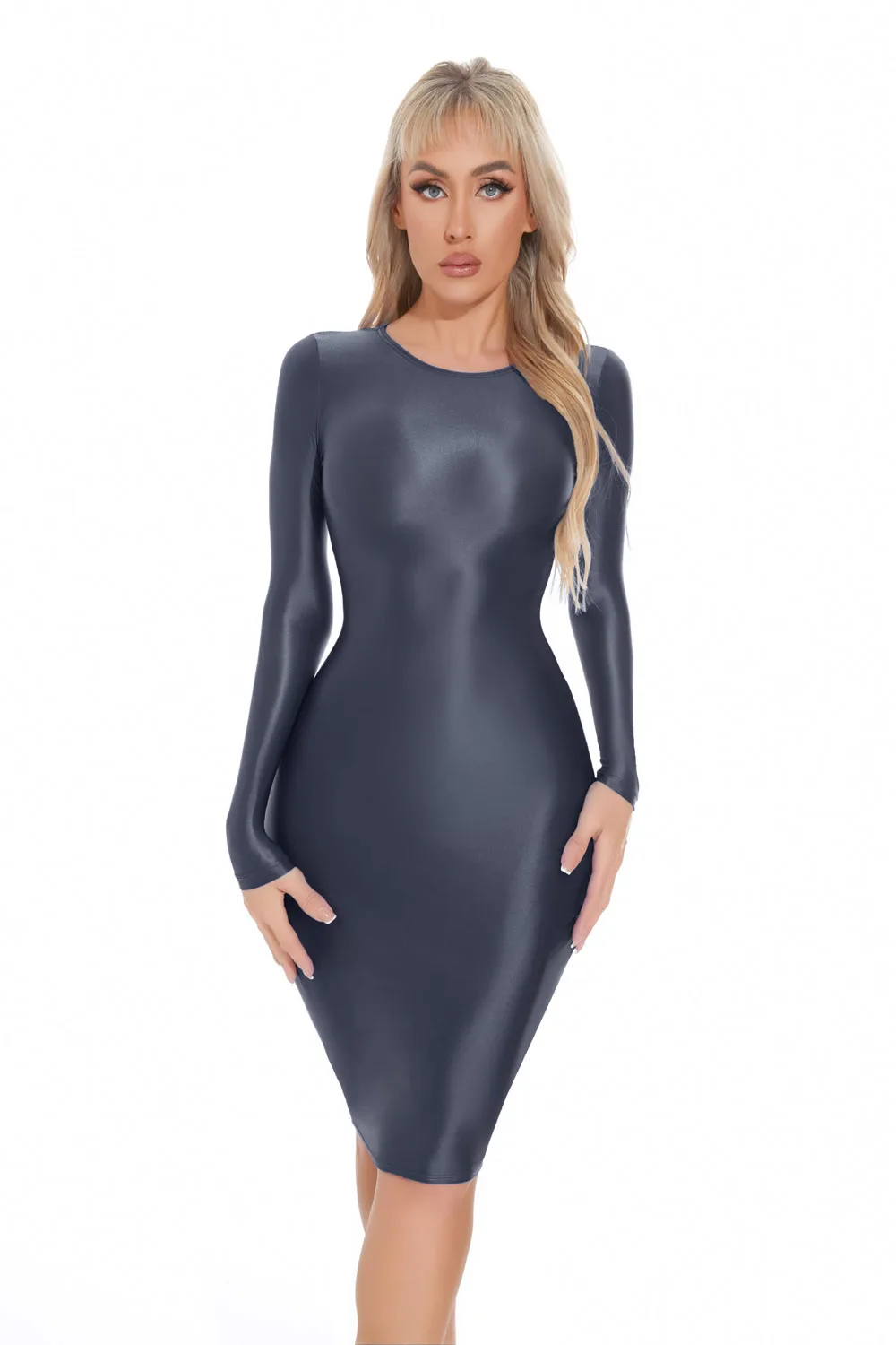 M XL Long Sleeve Golssy Shiny Midi Dress Tights Package Hip Minifalda Sexy Clubwear Vestido Bodycon Dresses Bodystocking Robe