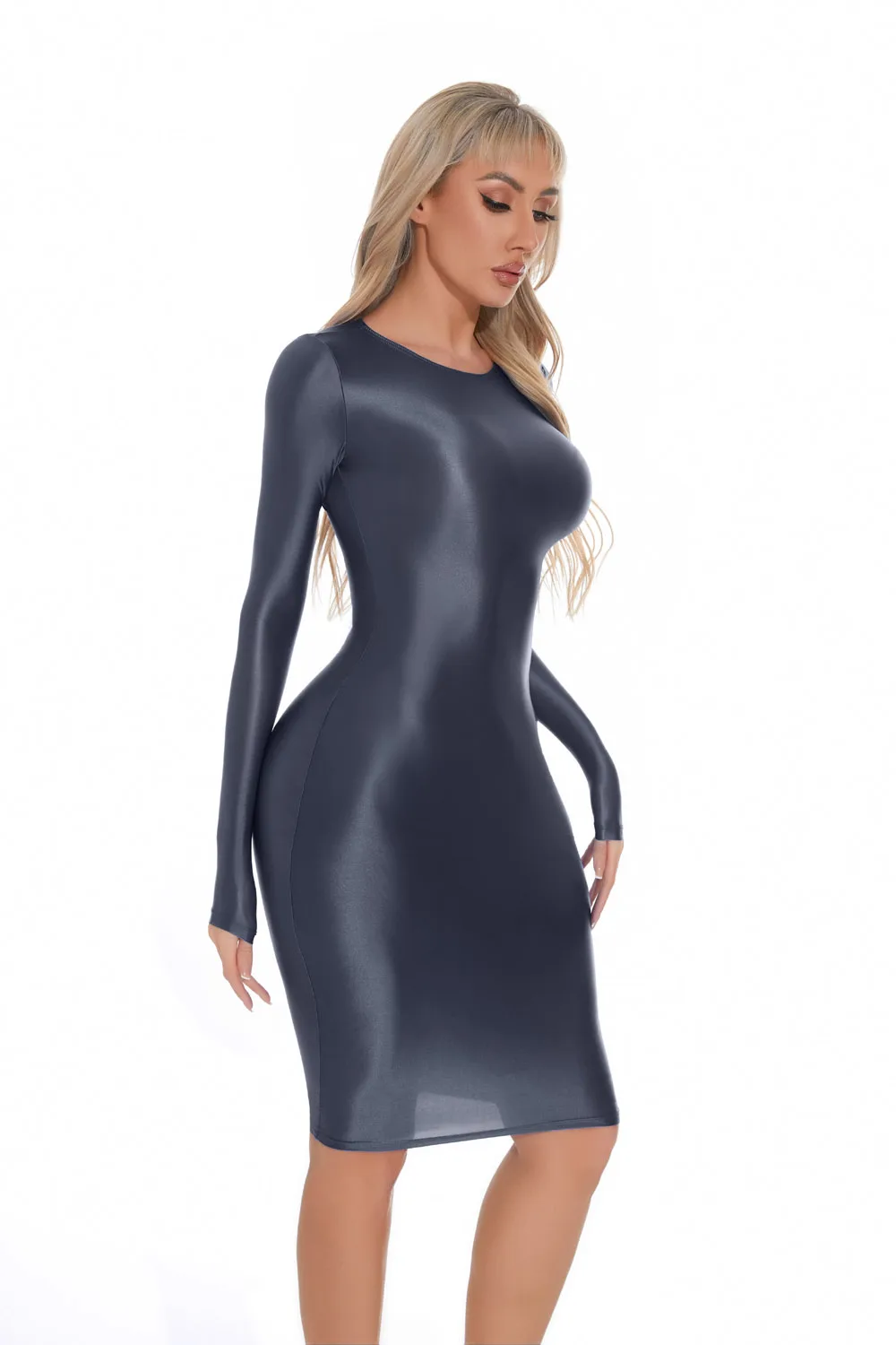 M XL Long Sleeve Golssy Shiny Midi Dress Tights Package Hip Minifalda Sexy Clubwear Vestido Bodycon Dresses Bodystocking Robe