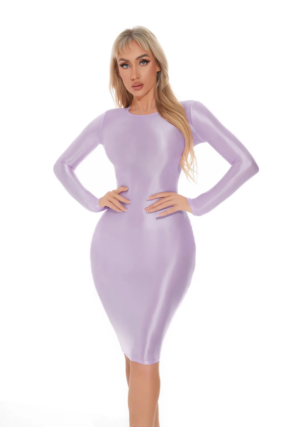 M XL Long Sleeve Golssy Shiny Midi Dress Tights Package Hip Minifalda Sexy Clubwear Vestido Bodycon Dresses Bodystocking Robe