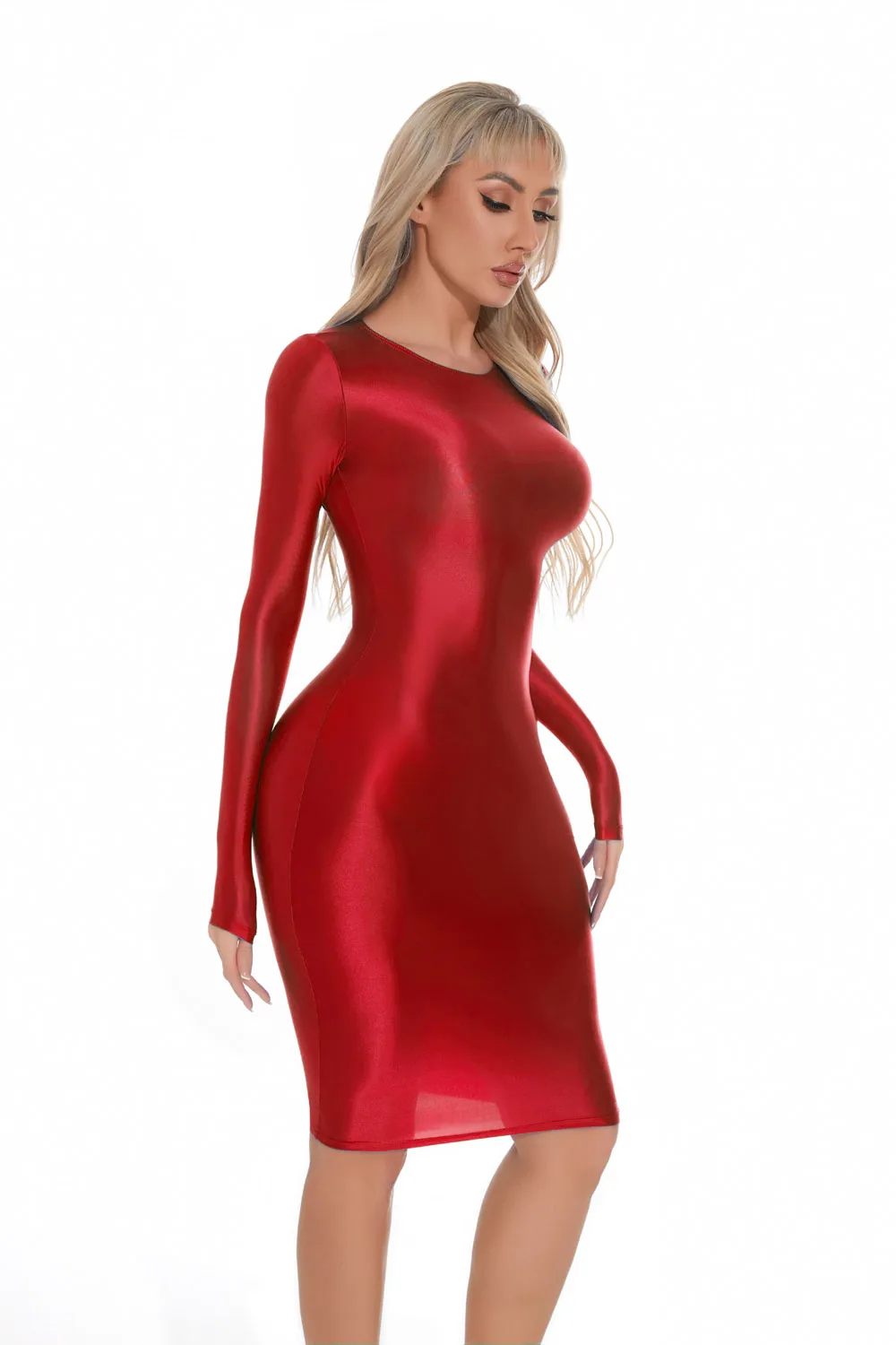 M XL Long Sleeve Golssy Shiny Midi Dress Tights Package Hip Minifalda Sexy Clubwear Vestido Bodycon Dresses Bodystocking Robe